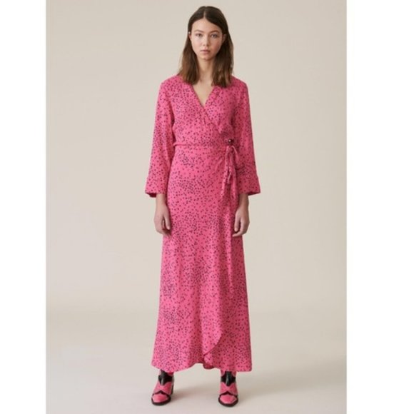 GANNI Pink Floral Crepe Wrap Maxi Dress - Picture 11 of 11